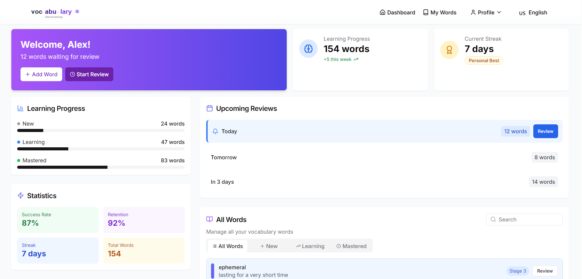 Vocabulary learning app showcase